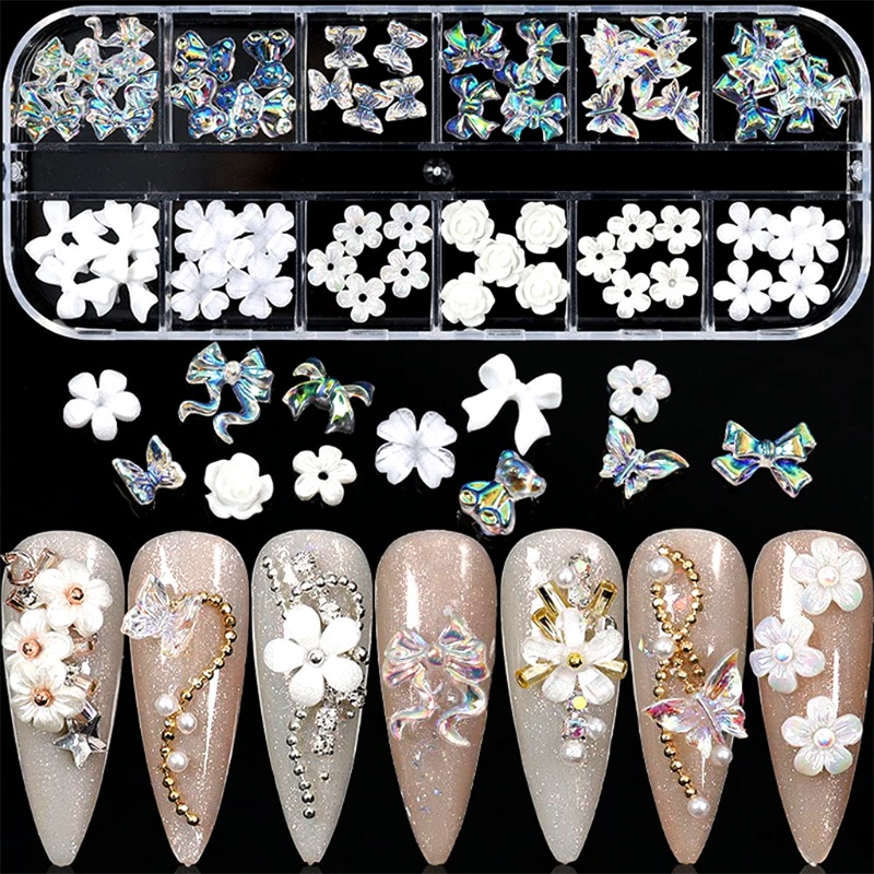 Siy Stiker Kuku Motif Kupu-Kupubunga Aksen Glitter Warna Putih Untuk Aksesoris Nail Art Butterfly
