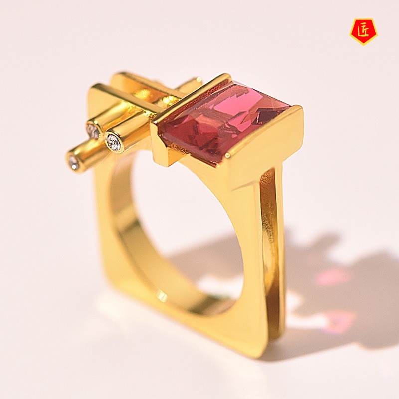 [Ready Stock]Temperament Personality 18K Gold Ruby Geometry Ring