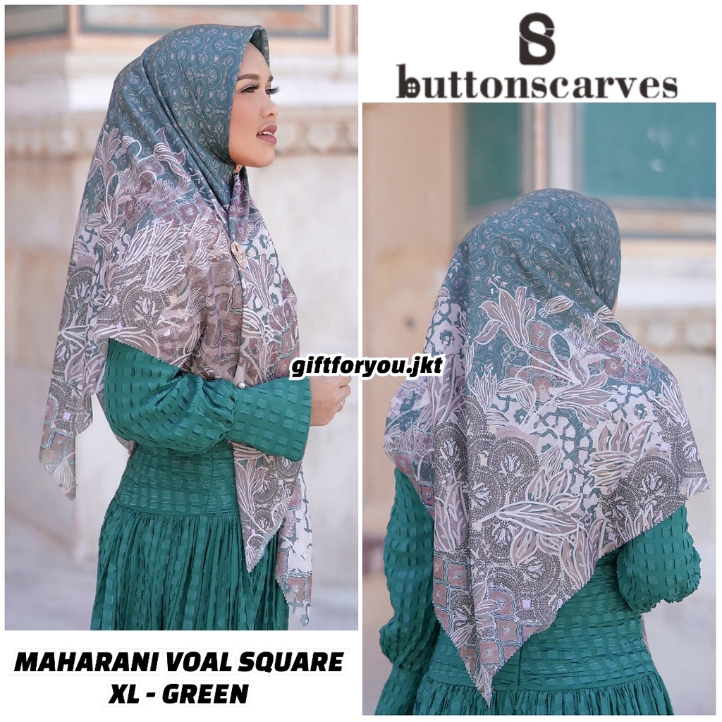 Buttonscarves Maharani Voal Square Jilbab Button Scarves Hijab Green Kerudung Premium Original