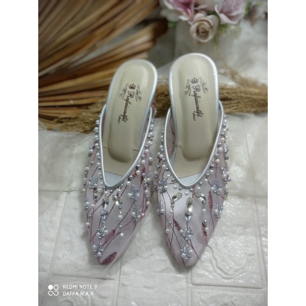 sepatu Marrisa purple silver bunga tinggi 7cm kaca