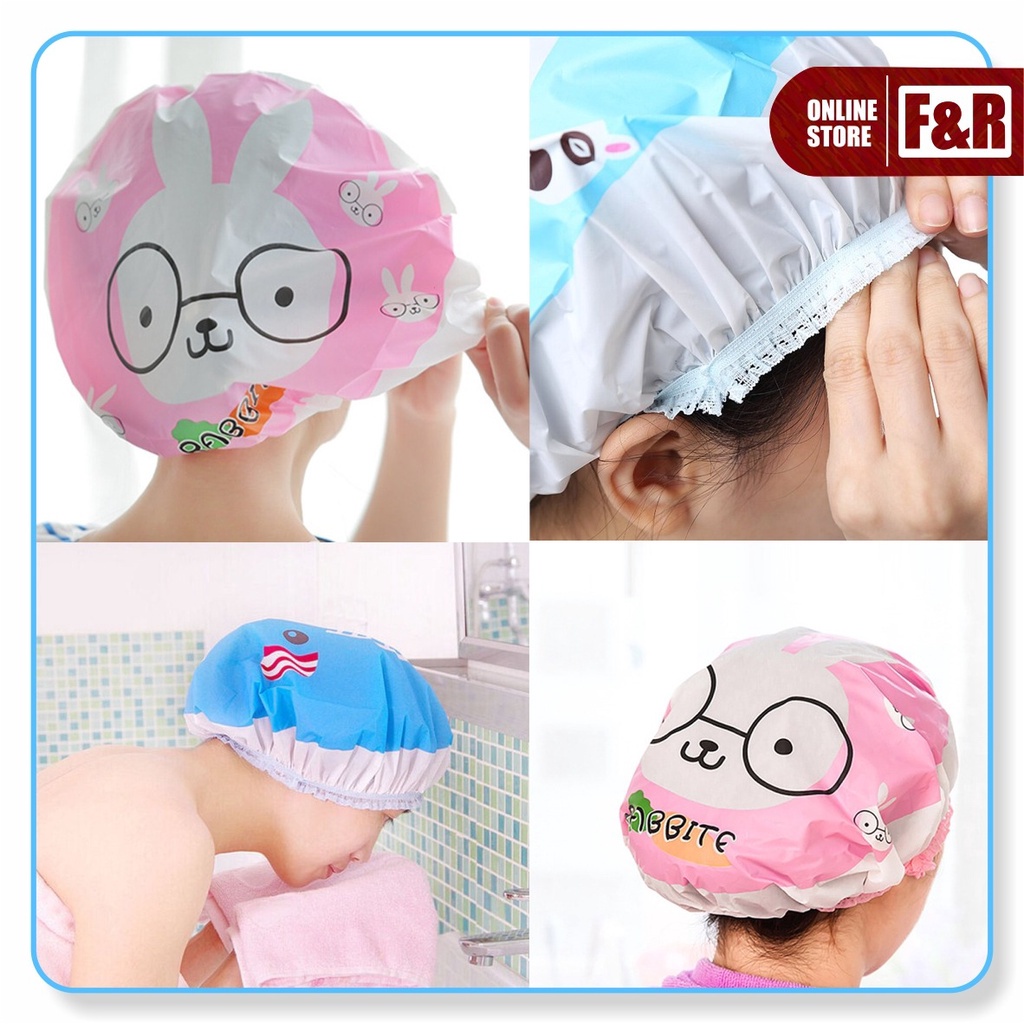 Shower Cap Topi Penutup Rambut Kepala Mandi Karakter Motif Dewasa Anak Anti Air Waterproof Bath