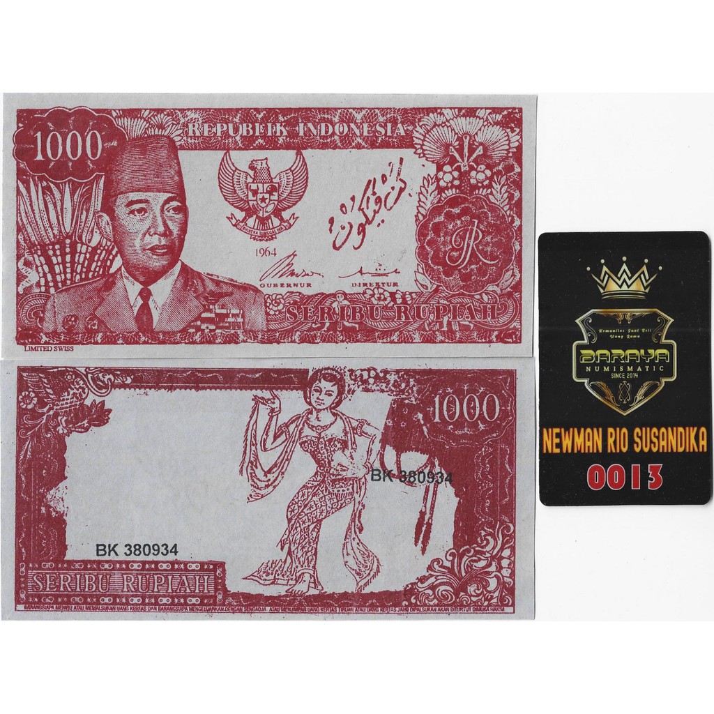 Uang Souvenir UKA - UKA 1000 Rupiah Soekarno Sukarno Melengkung Th 1964