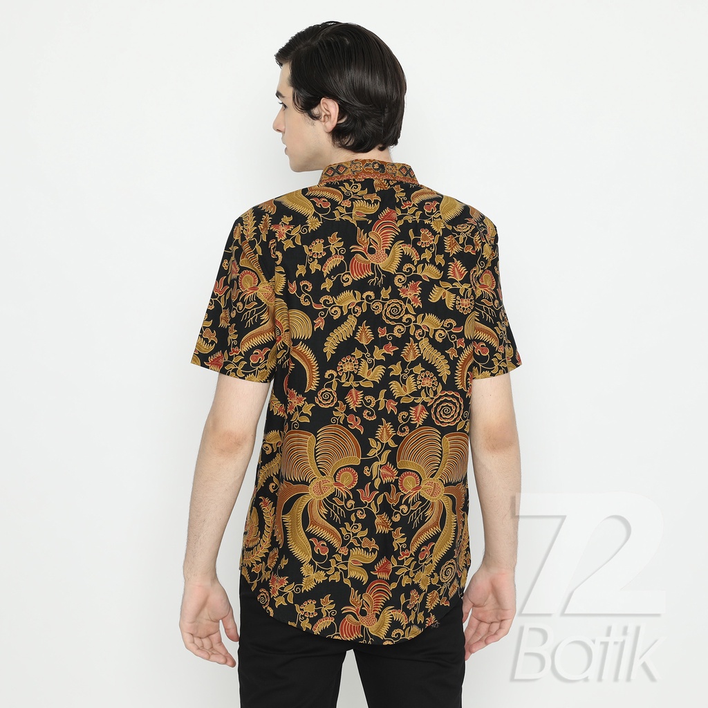 BATIK COUPLE MODERN Kemeja Rok Lilit Instan Batik Pria Lengan Pendek Premium Motif Burung Hitam 721083 CAP 72