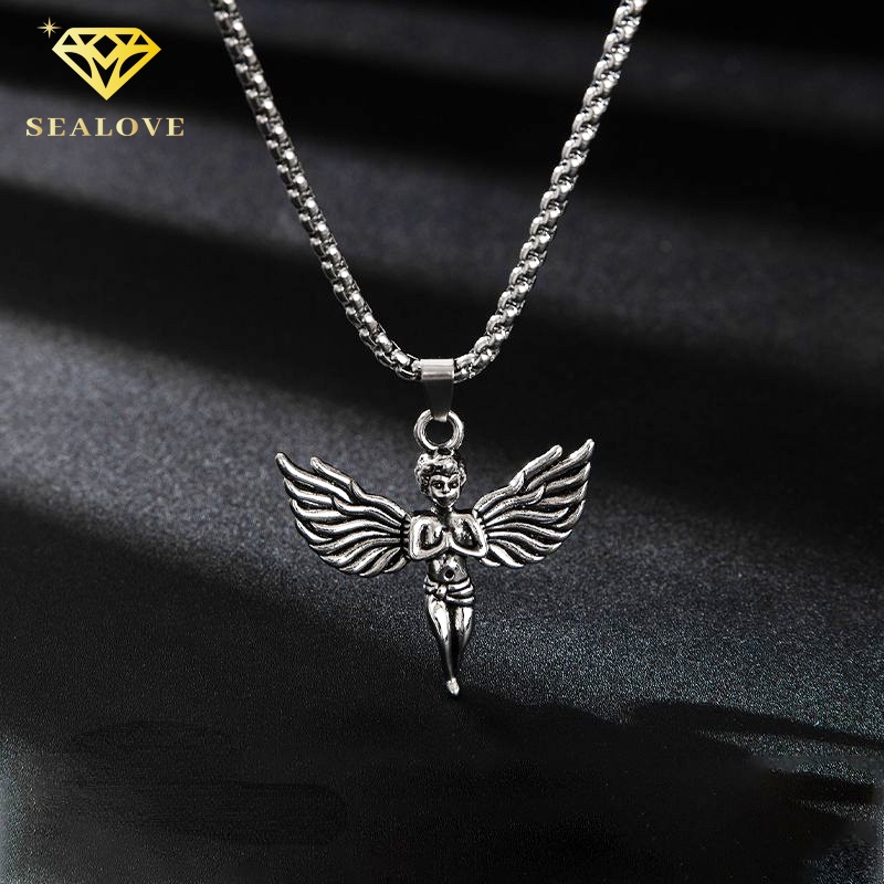 SEALOVE Titanium Kalung Rantai Panjang Vintage Sayap Malaikat Liontin Gaya Hip Hop Perhiasan Pria/Wanita