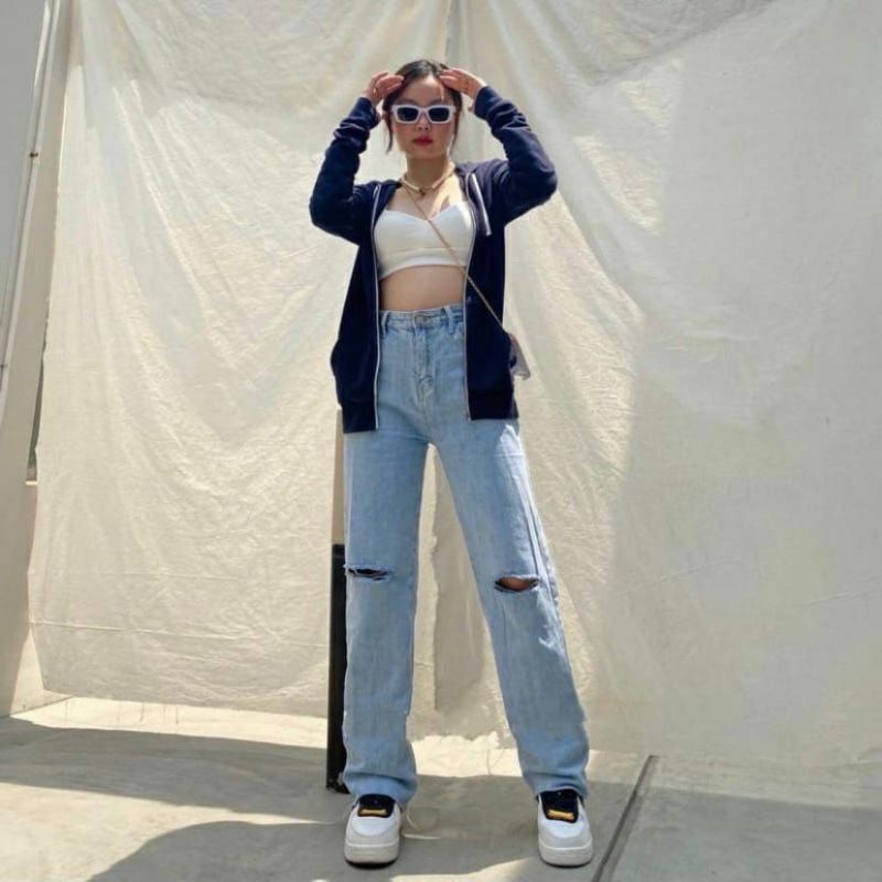 Highwaist Kulot Jeans Wanita Loose Ripped Sobek