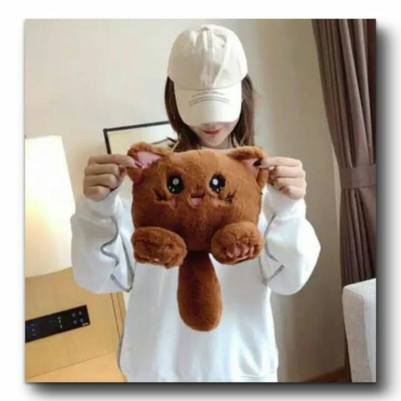 Tas Selempang Boneka Kucing FYYKACU Tas tali rantai Tas bulu korean style muat hp &amp; dompet ini