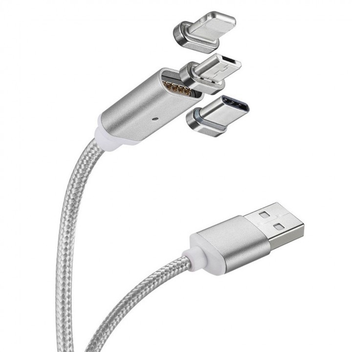 USB Nylon Magnetic 2.4A Fast Charging Data Cable 3 in 1 with LED Indicator