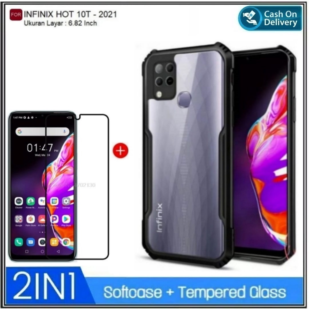 Case Infinix Hot 10T, Smart 6 NFC Soft Hard Fusion Transparan Casing Cover Free Full Tempered Glass