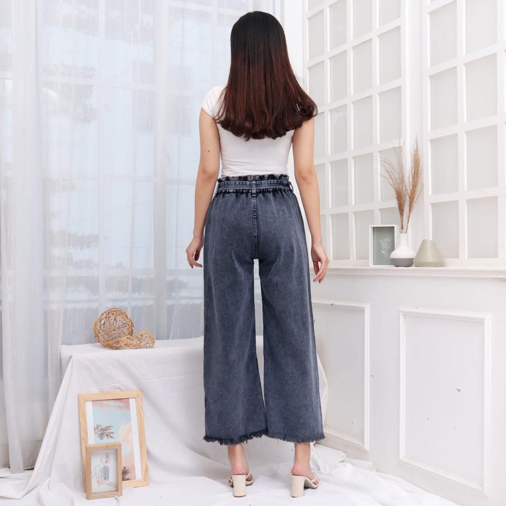 HOPYLOVY SALE Celana Kulot Jeans Wanita Highwaist Jeans Washed Free Belt BF Rawis Tanisa