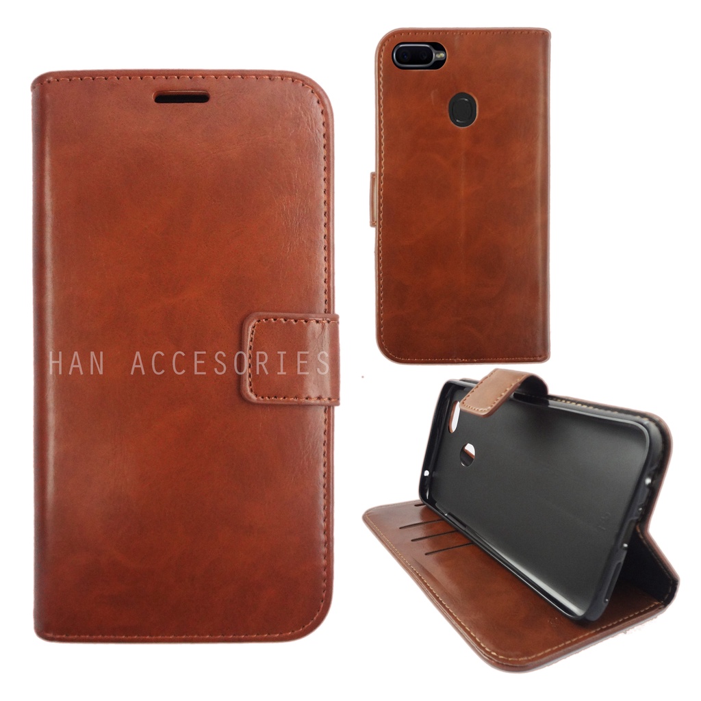 (PAKET HEMAT) Fashion Selular Flip Leather Case OPPO A7/A5S/A11K/A12 Flip Cover Wallet Case Flip Case + Nero Temperred Glass