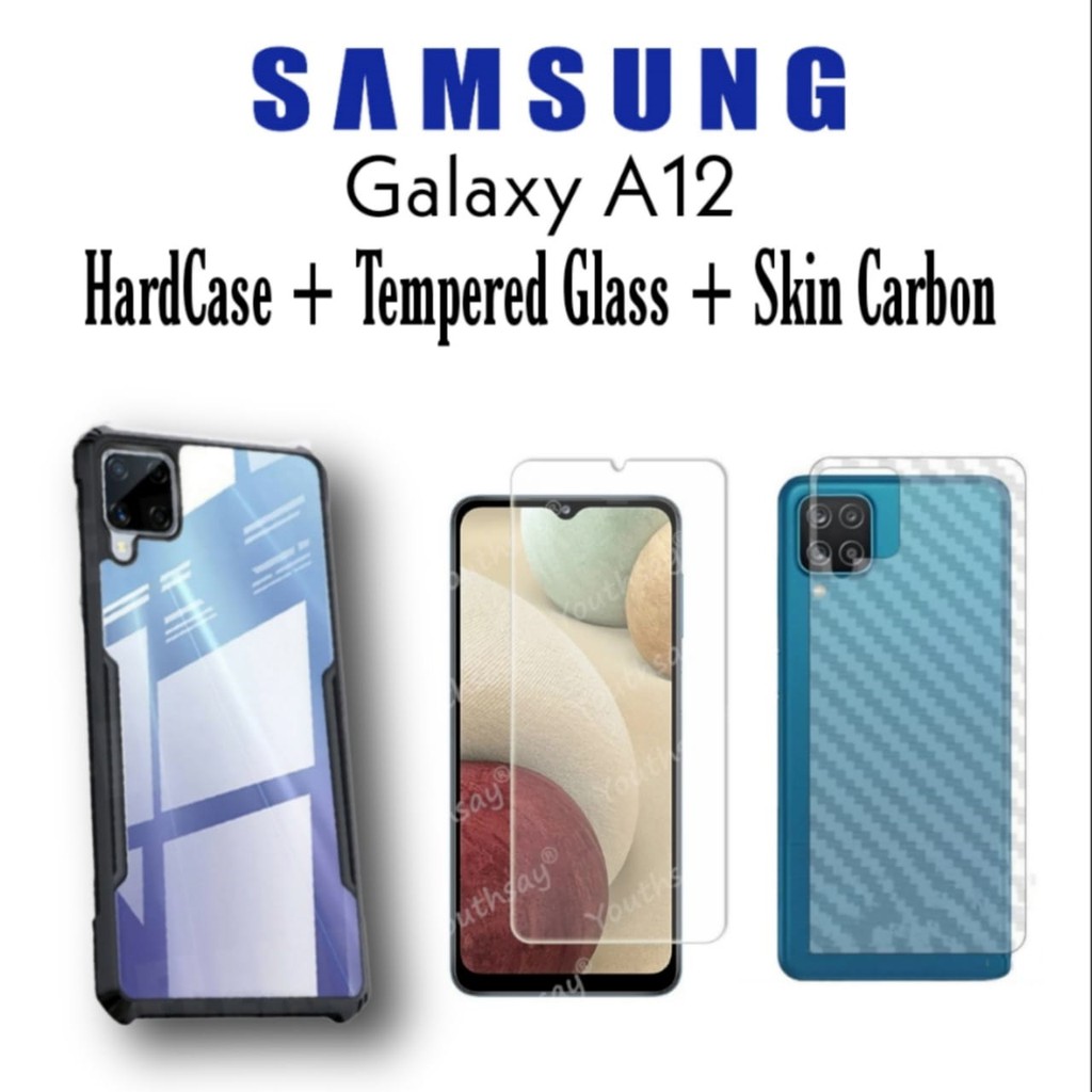 PROMO 3IN1 Case Samsung M12 / A12 HardCase Free Tempered Glass dan Skin Carbon Protector Handphone