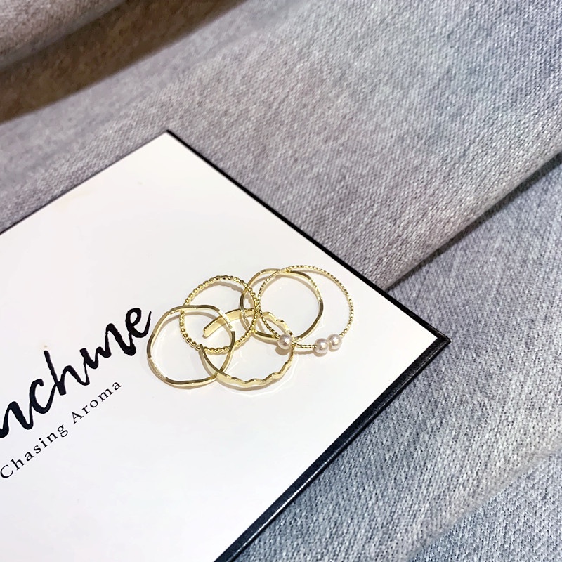 5pcs Cincin Mutiara Imitasi Ukuran Adjustable Untuk Wanita