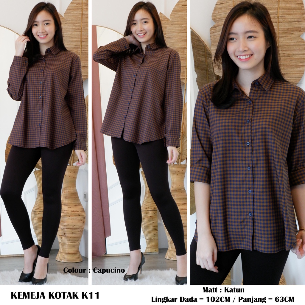 KEMEJA WANITA LENGAN PANJANG MOTIF KOTAK Bahan Katun K11 / K19-5