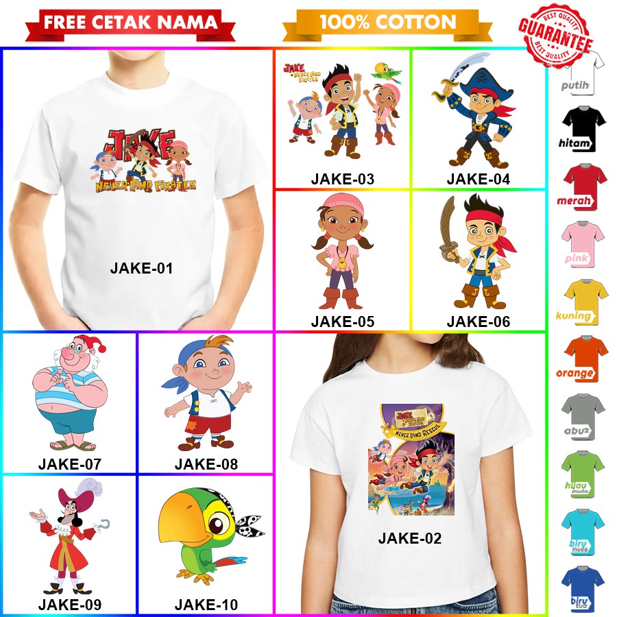 [FREE NAMA!!] Baju Kaos ANAK DAN DEWASA JAKE NEVERLAND BANYAK MOTIF