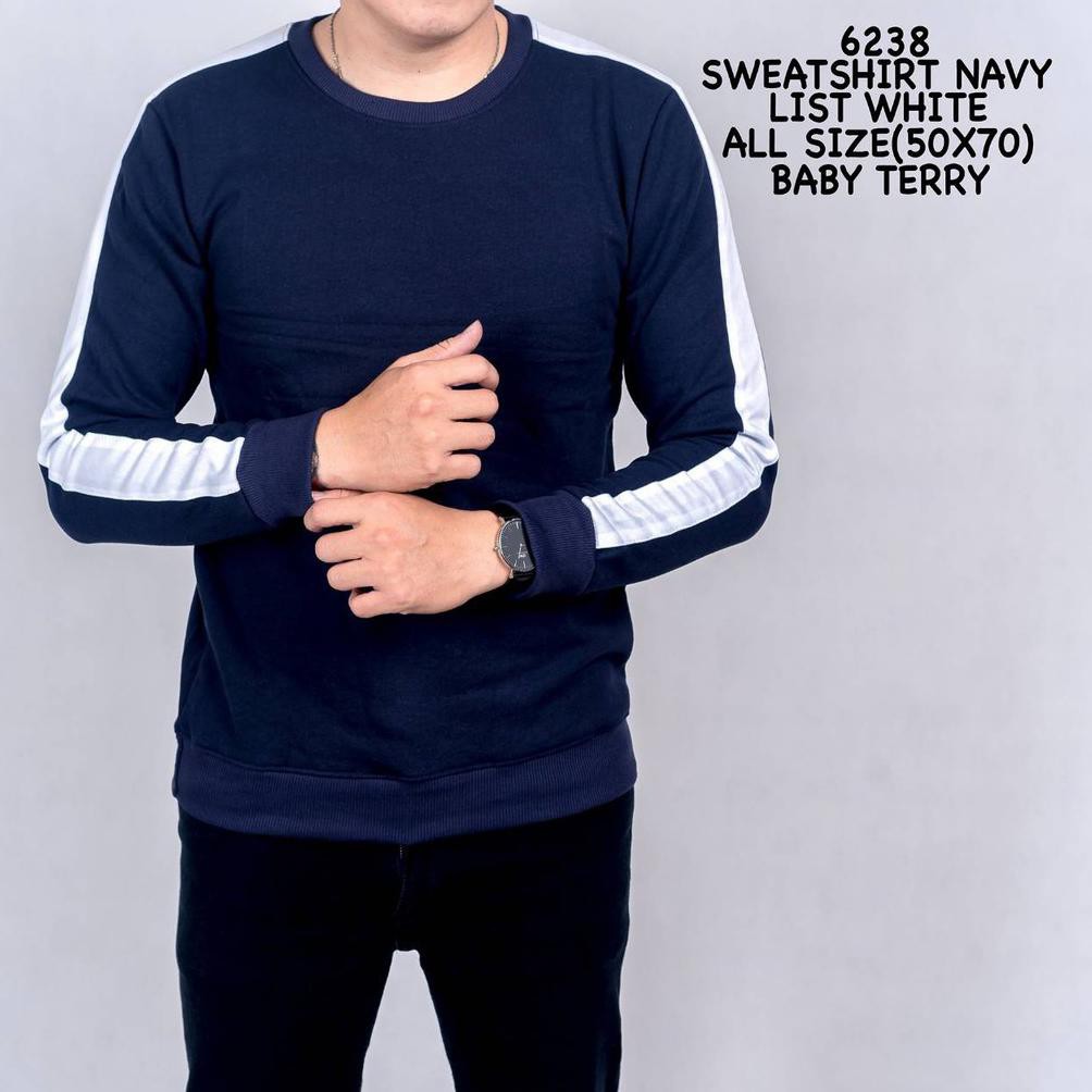 Credomenstore Sweater Pria Navy List Putih / Sweater Cowok / Baju Distro / Baju Pria Lte