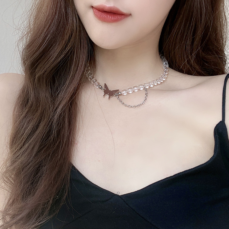 INS Japan and Korea Super Fairy Butterfly Girl Necklace Choker Transparent Round Beads Punk Collarbone Chain