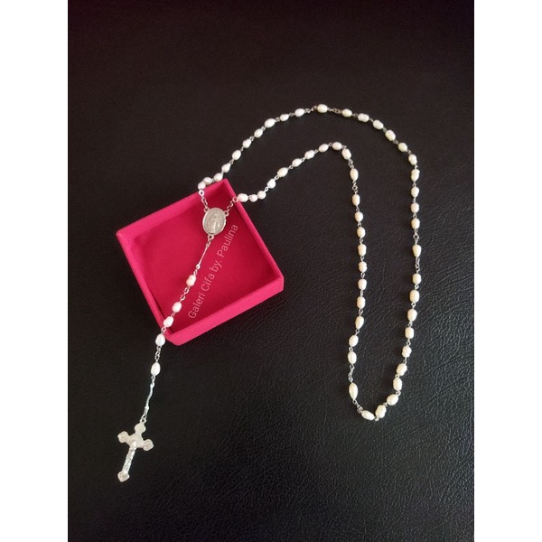 Kalung rosario mutiara air tawar asli 8 mm anti karat