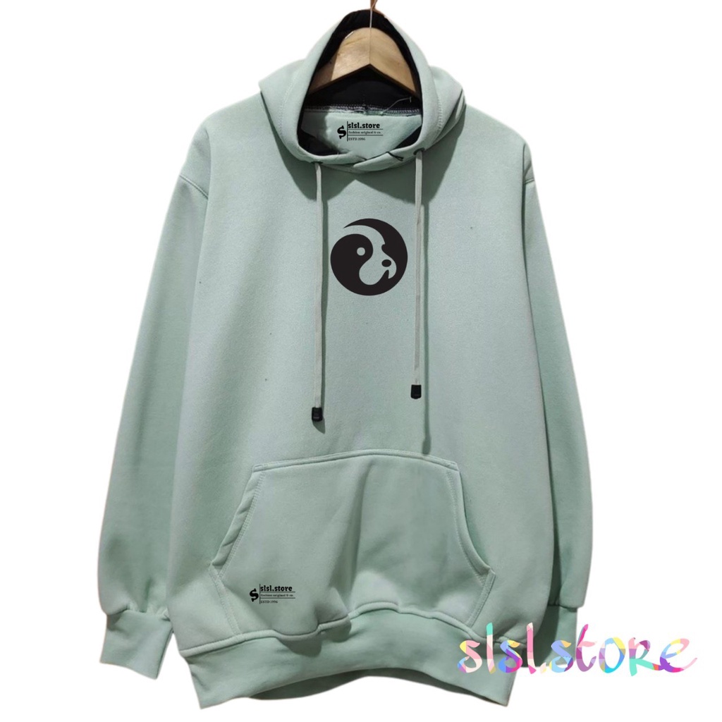 Sweater Hoodie Aesthetic Pria Jumper Hijau Mints Sablon Emoticon Smile Unik Clasic Kekinian Full Katun