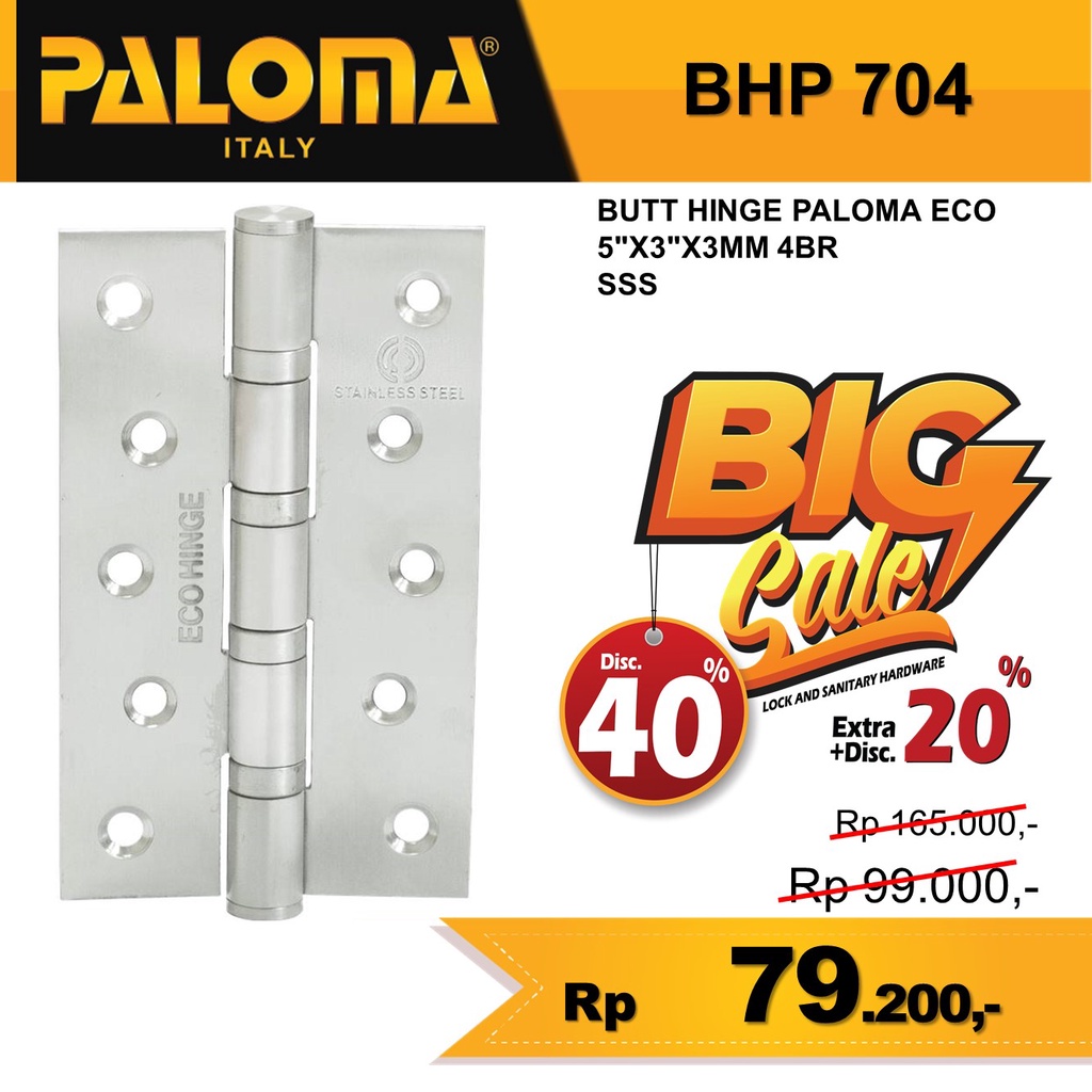 BHP 704 ENGSEL PINTU 5 INCH STAINLESS BUTT HINGE PALOMA ECO 5&quot;X3&quot;X3MM 4BR SSS