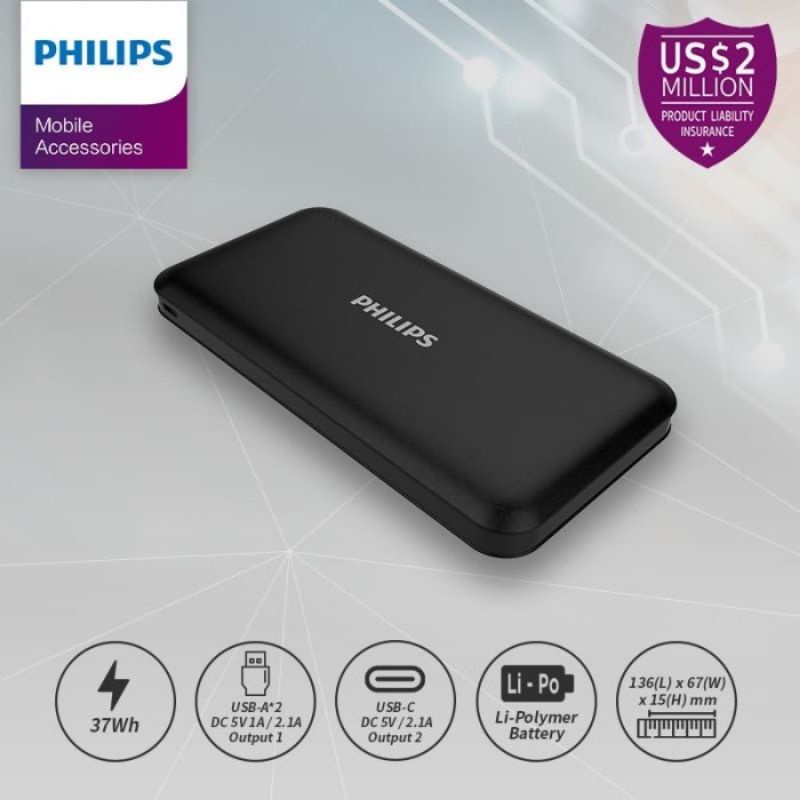 Philips Powerbank 10000mAh With Built In Lightning Cable, Mobile Phones
