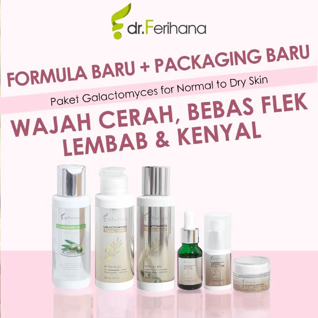 Paket Komplit Galactomyces Brightening &amp; Flex for Normal To Dry Skin dr. Ferihana Cosmetics &amp; Skincare Rangkaian Perawatan Wajah untuk Kulit Normal Kering Kombinasi untuk Mencerahkan Memudarkan Flek Anti Aging dan Keriput BPOM LPPOM HALAL MUI