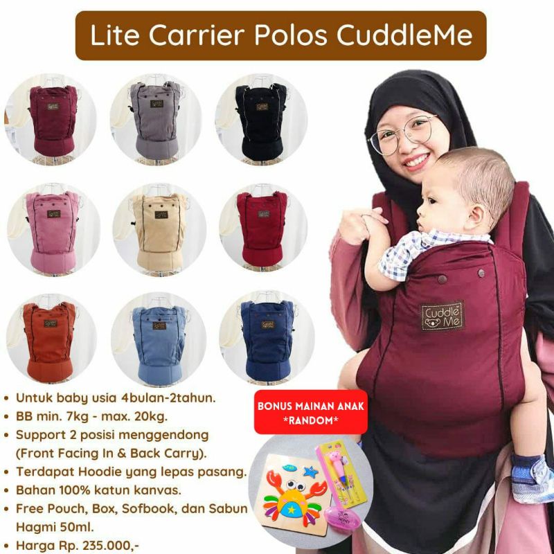 (BONUS Mainan) CuddleMe Lite Carrier Polos Solid Gendongan Bayi Anak Mshape Ransel SSC depan Cuddle Me 4bulan - 2 tahun