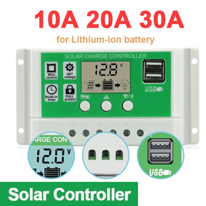 Solar Panel Charge Controller PWM Battery Charger for Lead Acid Battery Li-ion Lithium Batteries 30A 20A 10A 12V 24V