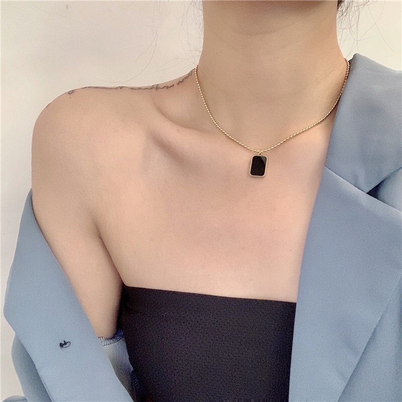 Kalung Titanium Black Square Biji lada Korea Fashion Vintage Trending Style