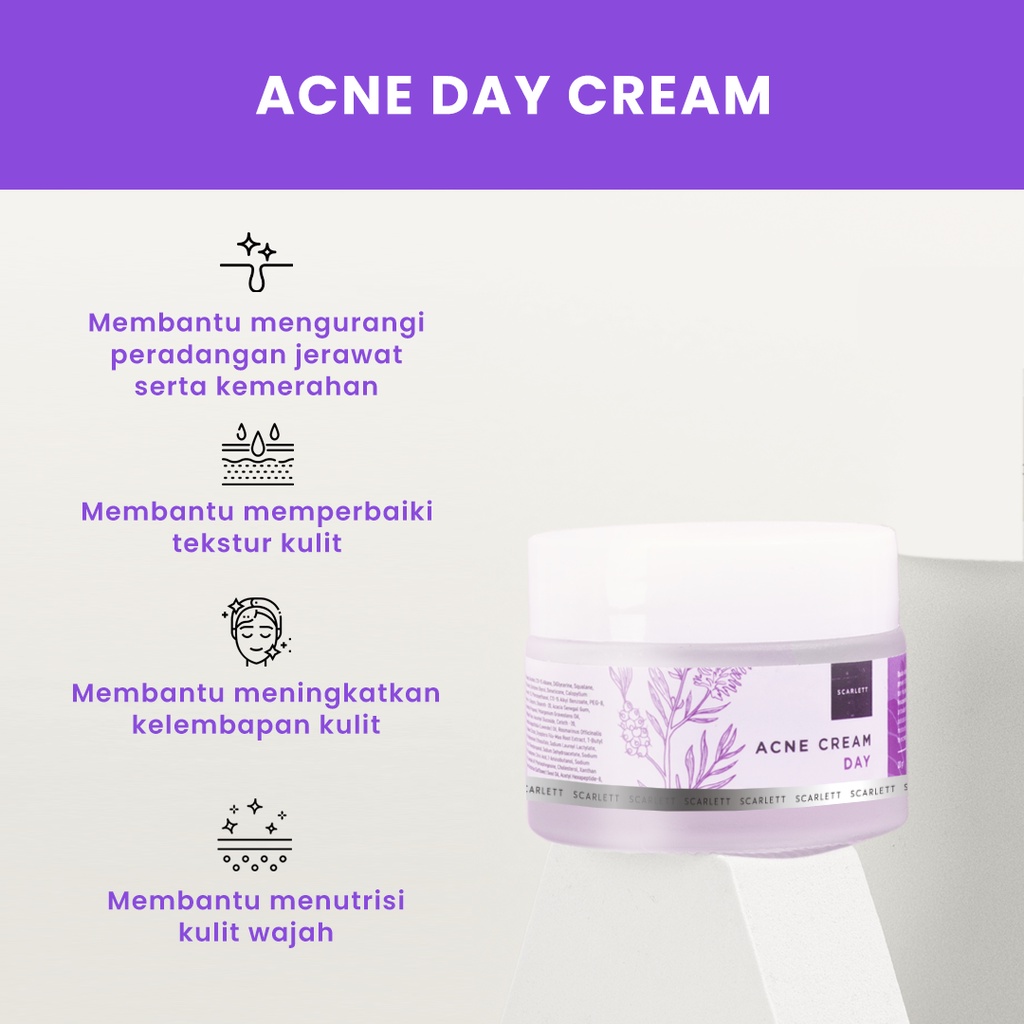 Scarlett Whitening Acne Day Cream - Krim Pagi Penghilang &amp; Perawatan Jerawat Ampuh Atasi Hingga Bekasnya with Double Action Salicylic Acid tanpa Bikin Kulit Iritasi