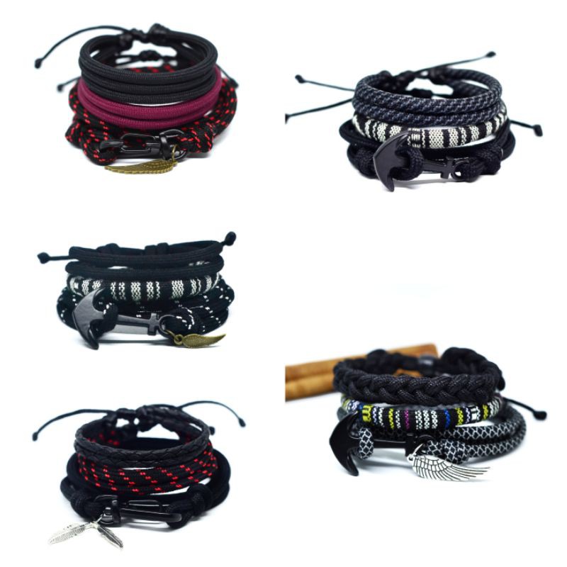 Gelang Pria Keren Cowok Tali Paket Satu Set Prusik Paracord Warna Hitam Adjustable Premium Murah