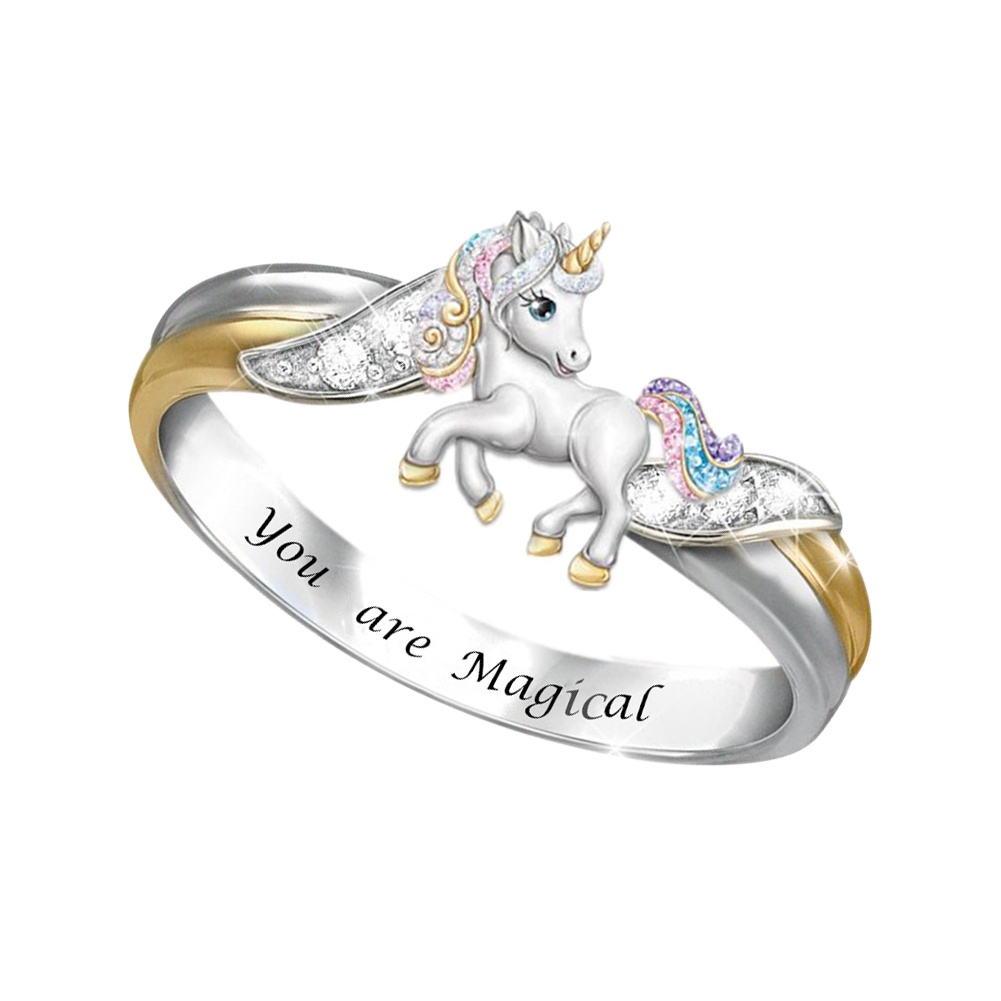 Hu Hu Hu Hu Hu Alat Bantu Pasang Kacamata♡ Cincin Wanita Bahan Alloy Desain Ukiran Tulisan Unicorn Hias Berlian Imitasi Untuk Hadiah