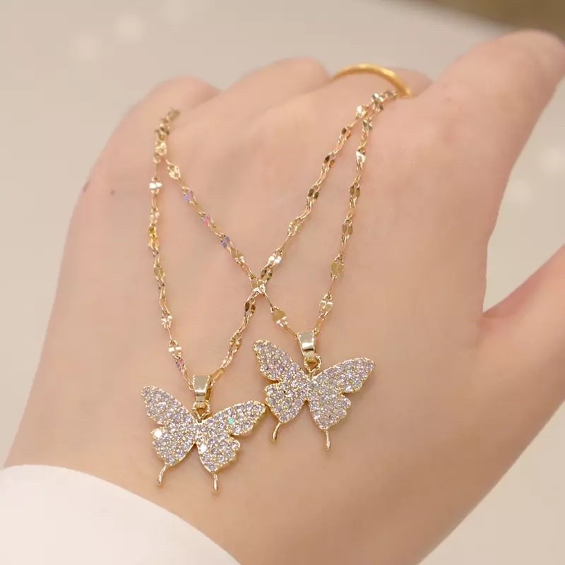 Kalung liontin titanium butterfly diamond Anti karat