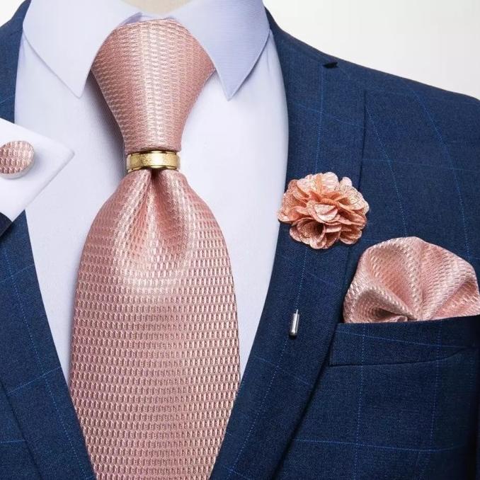Set rosegold pink salem dasi panjang, pocket square, ring tie, cufflin
