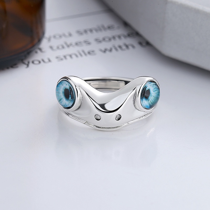 Cincin Model Terbuka Desain Mata Kodok Demon Warna Biru Gaya Hip Hop