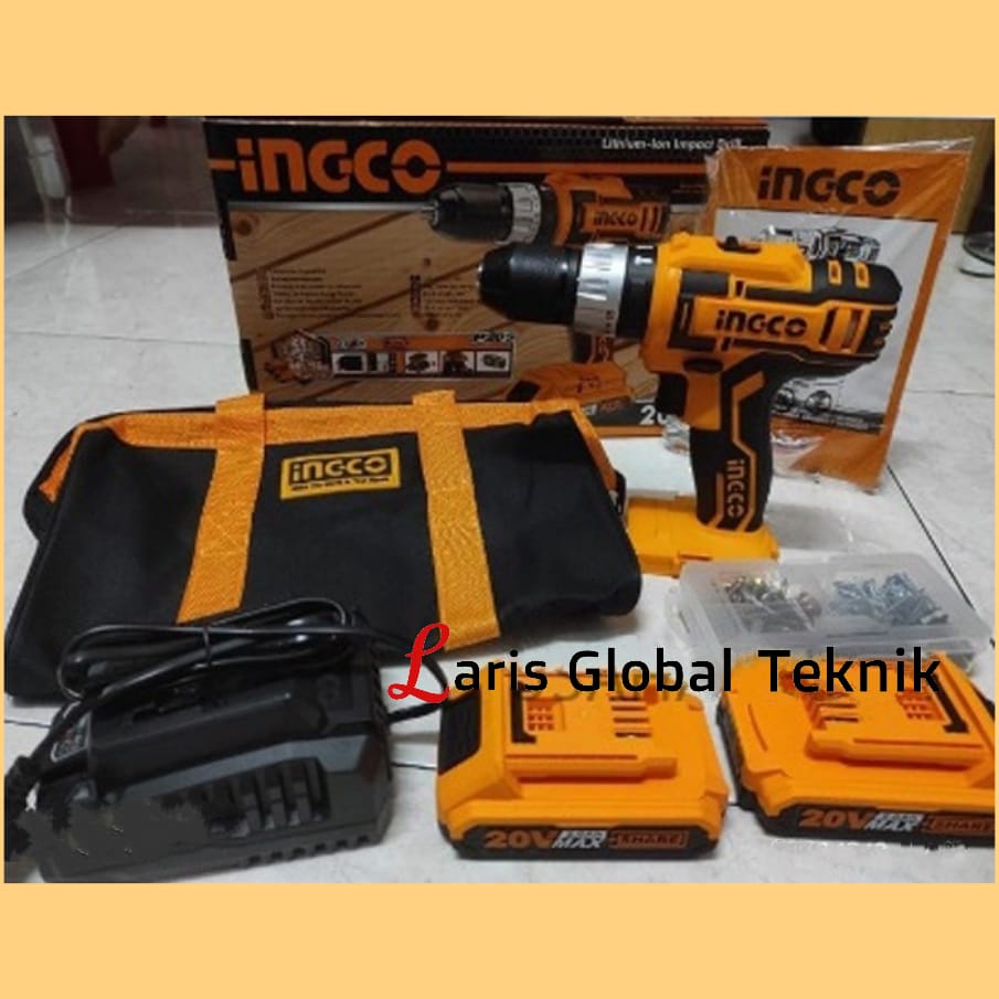 INGCO Cordless Hammer Drill CIDLI2002 BOR BATERAI BETON 10mm 20V Set