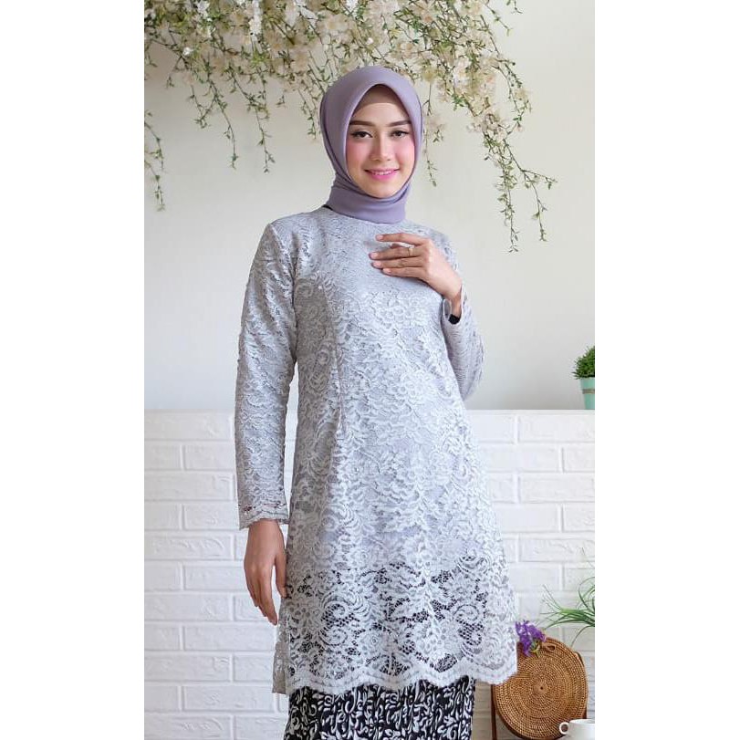 Tunik Alfiana Kebaya Brukat Corneli Tulang Glitter Brokat Timbul Set Kebaya Batik Wisuda Kondangan-ABU ATASAN AJA