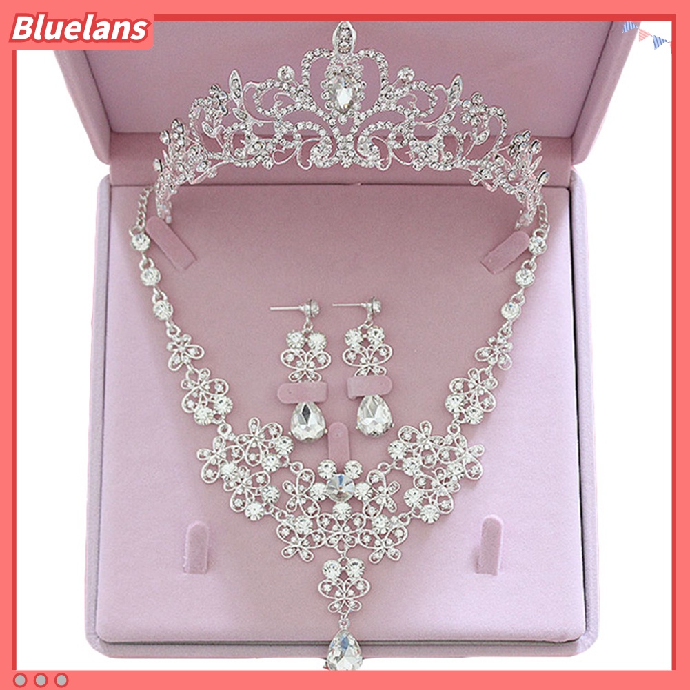 Bluelans 3Pcs Rhinestone Butterfly Necklace Crown Earring Bridal Wedding Jewelry Gift