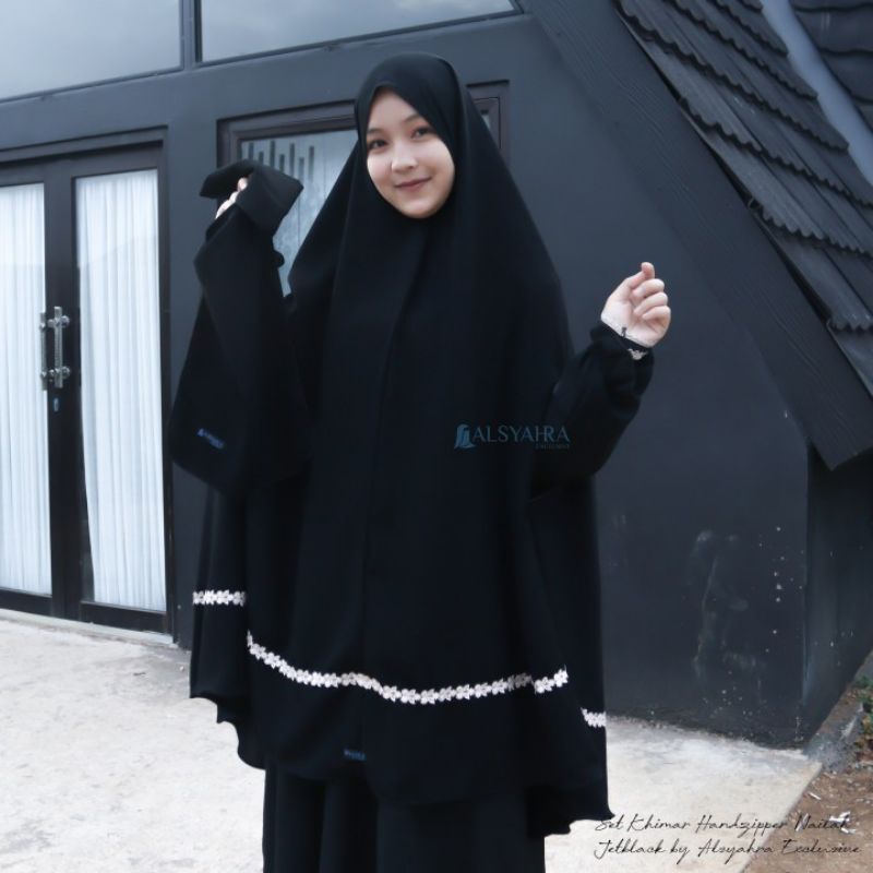 Set Khimar Syari Handzipper Nailah Niqab Poni Jetblack Alsyahra Exclusive