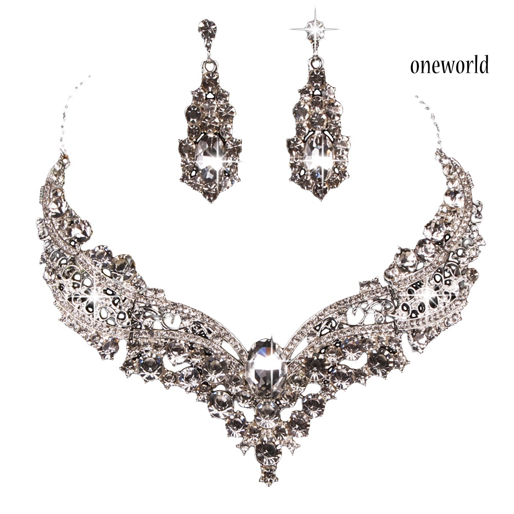 OW@ Wedding Bridal Queen Style Fully Shiny Rhinestone Necklace Earrings Jewelry Set