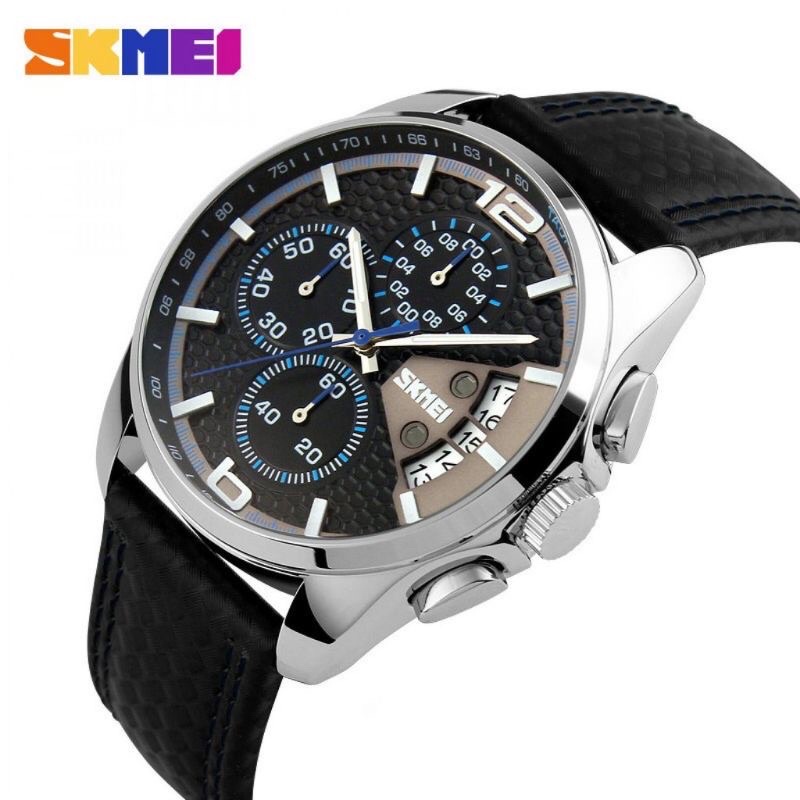 Jam Tangan Pria SKMEI 9106BU Chronograph Men Black Dial Black Leather Strap