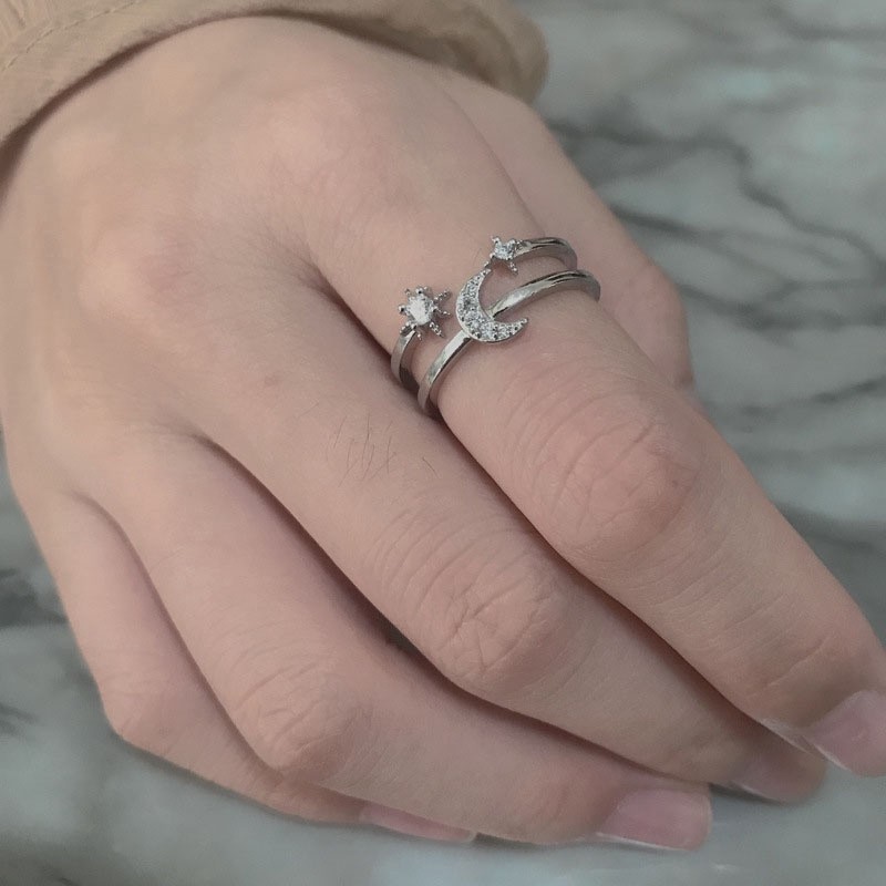 [ACKER] Cincin Perak Cincin Terbuka berbentuk Bulan yang Dapat Disesuaikan Untuk Wanita