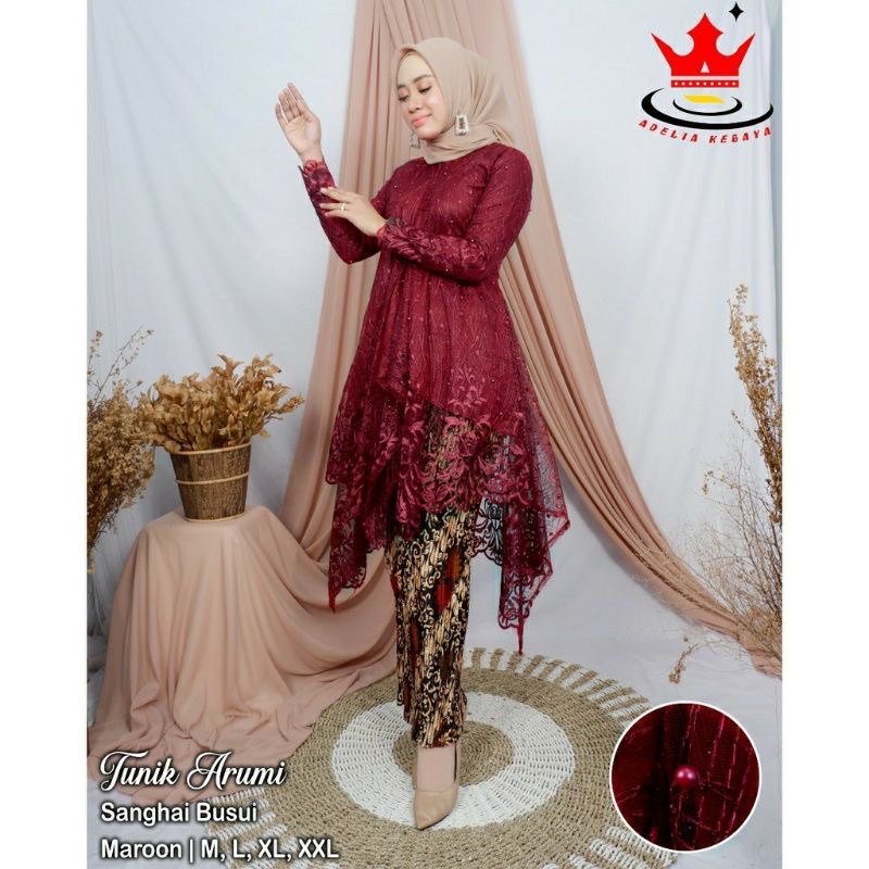 Kebaya Tunik Modern Tile Panjang Muslimah / Kebaya Pesta  Kondangan Wisuda Muslimah / Kebaya Set-Maroon