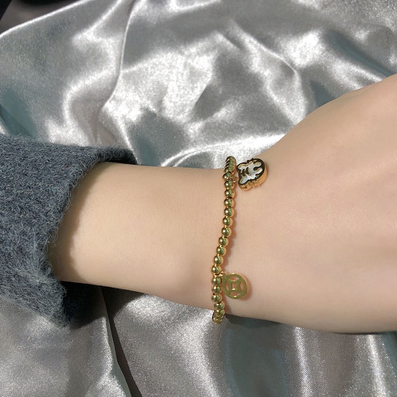 Gelang Tangan Rantai Baja Titanium Aksen Liontin Harimau Warna Emas Retro Untuk Wanita