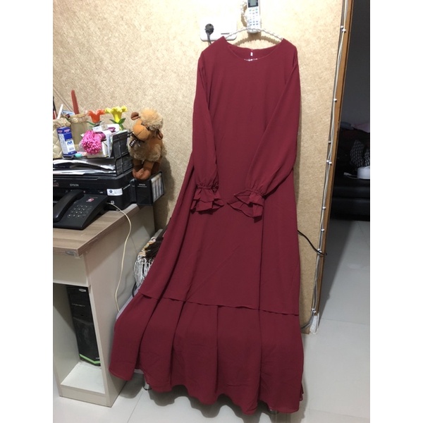 Preloved XL Merah Marun Polos Gamis Syari Dress Payung Tingkat Ceruti Layer COD Lebaran Baju Muslim
