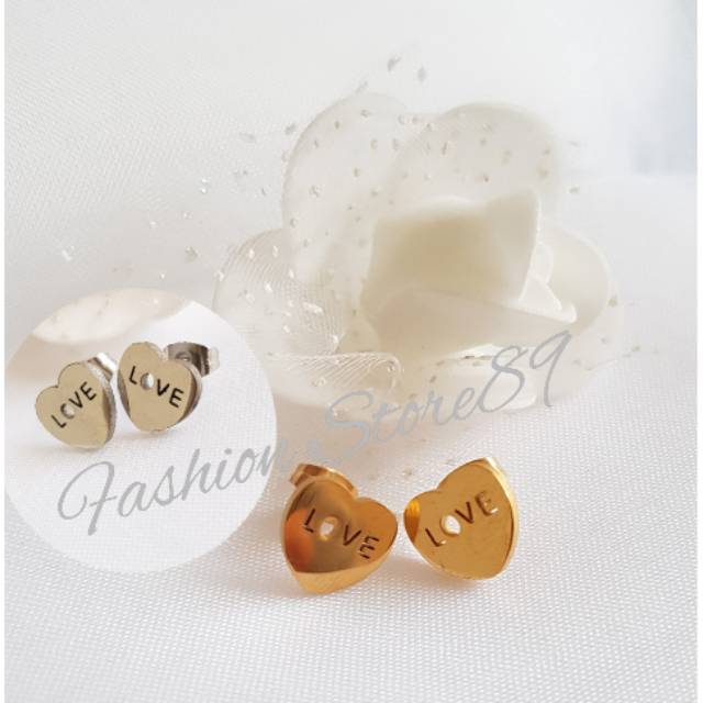 Anting Tusuk L. O. V. E import titanium gold white Antikarat import elegant simple