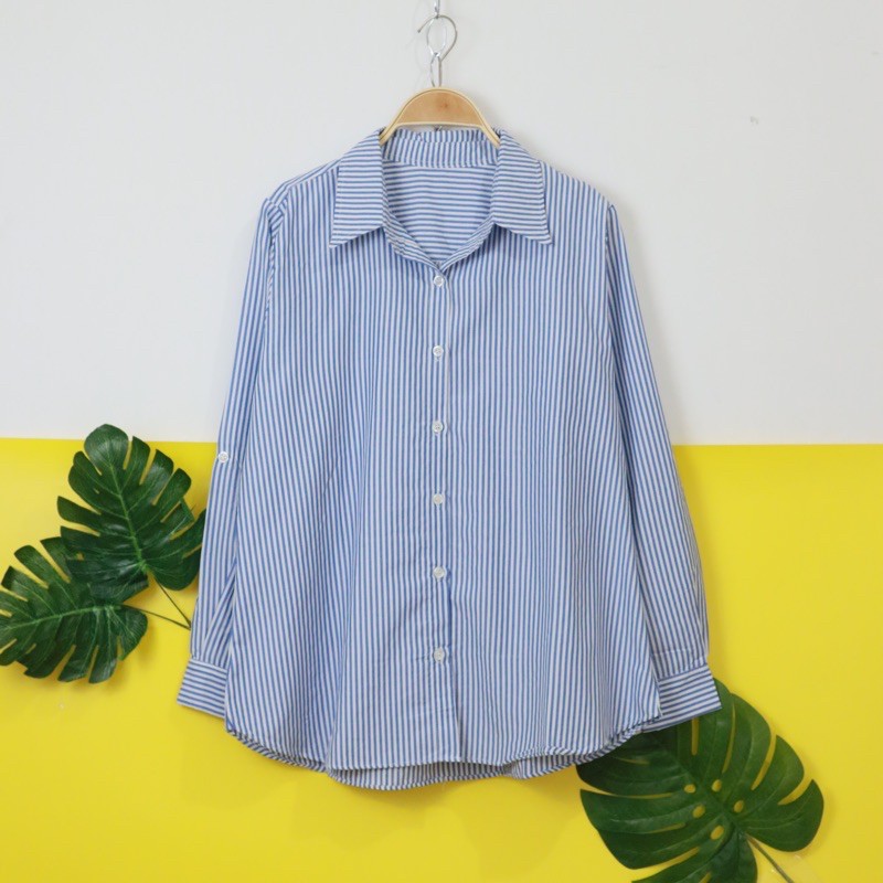 Sesil Stripe Blue Shirt ( Kemeja Katun Salur Garis Biru Putih Kemeja Hnm ) Atasan kuliah kerja cotton lembut