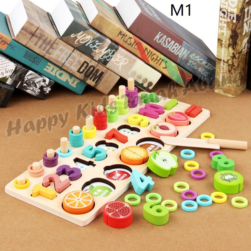 MAINAN EDUKASI 3 IN 1 / MAINAN PUZZLE KAYU / MAINAN POTONG BUAH / MAINAN MENTESSORI ANAK / MAINAN EDUKATIF ANAK