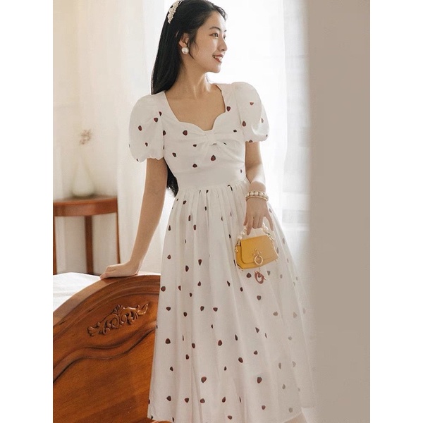 BKY - Korean Midi Dress Puff Sleeves Heart Shaped Neckline - TaeRi