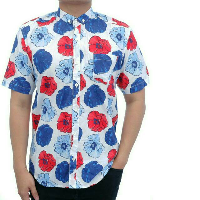 Supplier kemeja casual pria lengan pendek motif putih corak bunga kemeja katun kerja kuliah pantai