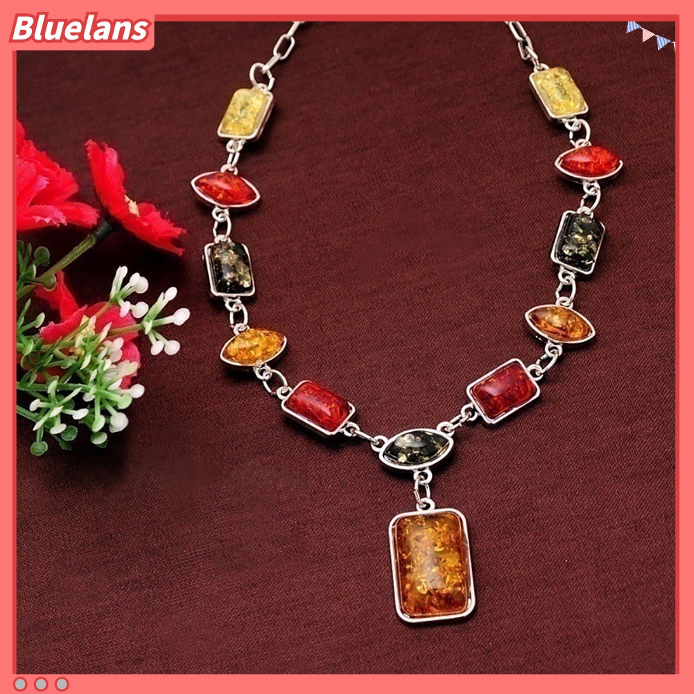 Bluelans Square Oval Amber African Style Women Necklace Hook Earrings Party Jewelry Set